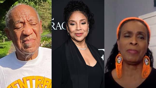 Bill Cosby speaks to reporters outside of his home on June 30, 2021; Phylicia Rashad attends the premiere of Tyler Perry’s “A Fall From Grace” at Metrograph on January 13, 2020; Janet Hubert on PopViewers.