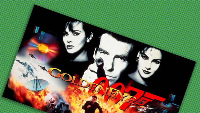 An image shows the box art for Goldeneye 007 partially knocked over on a green background. 