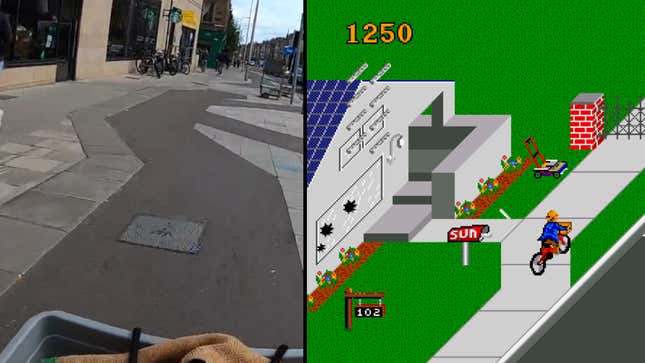 A screenshot of the bendy cycle lane in Edinburgh alongside a similar screenshot in Paperboy.