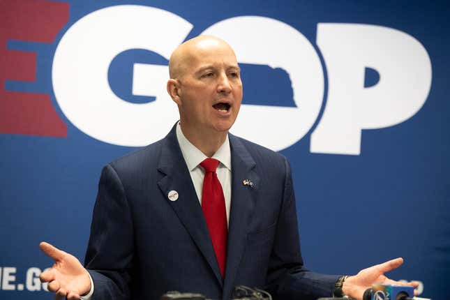 Gov. Pete Ricketts speaks during the Nebraska Republican Party general election kickoff at the Republican state headquarters on Wednesday, May 11, 2022, in Lincoln, Neb.