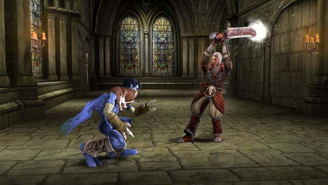 A Soul Reaver fights an enemy with a sword. 