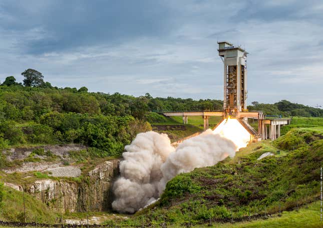 The hot firing of the development model of the solid fuel rocket motor at Europe’s Spaceport in French Guiana on 16 July, 2018.