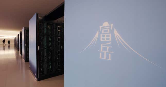 end of a row of servers of the fugaku supercomputer with a sketch of Mt. Fiji