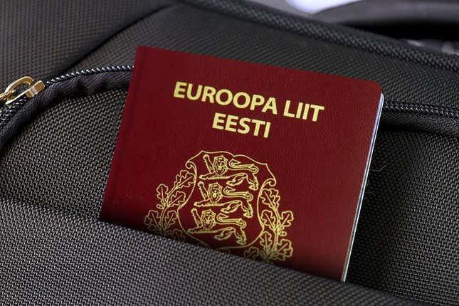 Close up of Estonia Passport in Black Suitcase Pocket