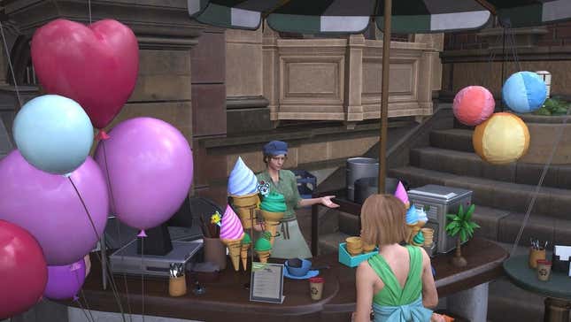 A woman selling chocobo ice cream at a stall with balloons