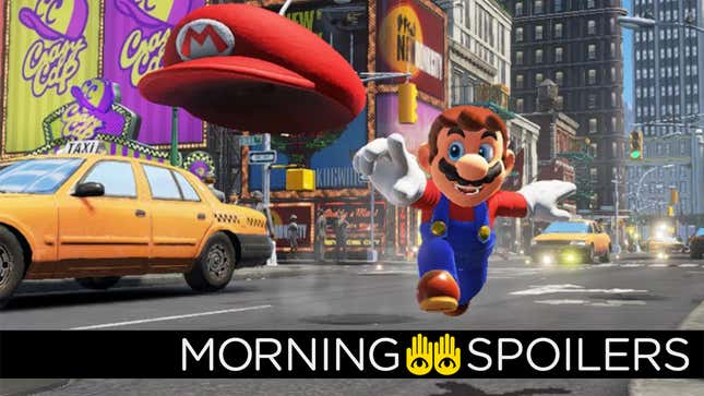 Mario throws his cap across a street in New Donk City, in a scene from Super Mario Odyssey.