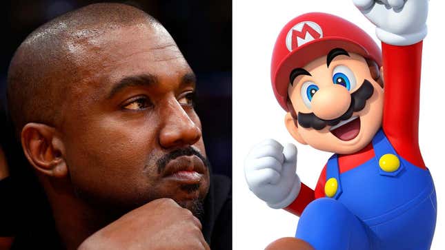 Kanye West and Mario. Image: Ronald Martinez / Nintendo / Kotaku (Getty Images)