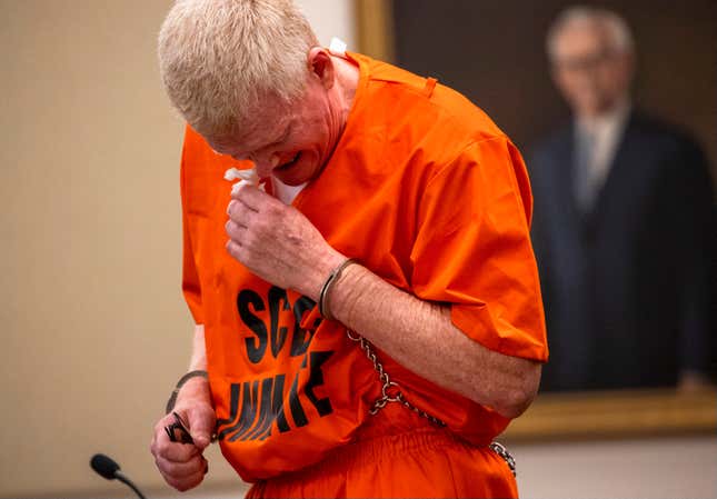 Alex Murdaugh cries as he addresses the court during his sentencing for stealing from 18 clients, Nov. 28, 2023, at the Beaufort County Courthouse in Beaufort, S.C. Murdaugh is scheduled to be sentenced Monday, April 1, 2024 on financial crime charges. It&#39;s likely the last time he will face a judge for punishment. (Andrew J. Whitaker/The Post And Courier via AP, Pool, file)