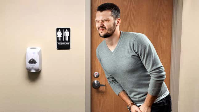 Image for article titled Panicked-Looking Guy Shifting Uncomfortably Outside Occupied Restroom Must Really Have To Masturbate