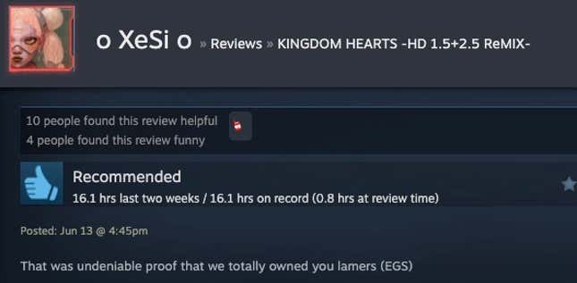 A Steam review reading "That was undeniable proof that we totally owned you lamers (EGS)"