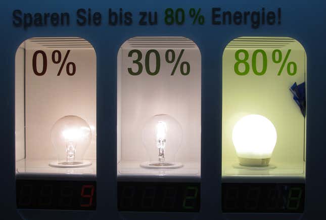 A display shows a traditional light bulb (L) and two energy saving bulbs at a do-it-yourself store in Dortmund August 31, 2009.