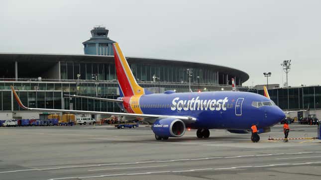 An view of a Southwest airlines jet as photographed at LaGuardia Airport on November 10, 2018 in New York City.