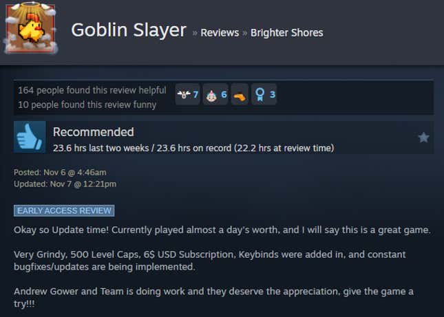 A screenshot shows a Steam user review of Brighter Shores.