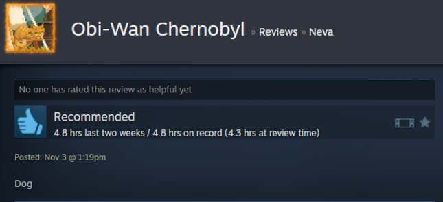 A screenshot shows a Steam user review from Neva.