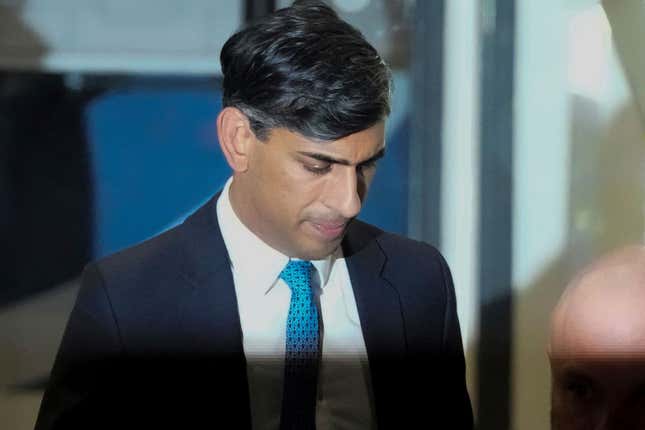 Britain&#39;s Prime Minister Rishi Sunak looks down as he leaves the COVID Inquiry at Dorland House after giving evidence in London, Monday, Dec. 11, 2023. Sunak was Chancellor of the Exchequer during the pandemic was about the impact of his policies such as the Eat Out to Help Out scheme had on the spread of the outbreak. (AP Photo/Frank Augstein)