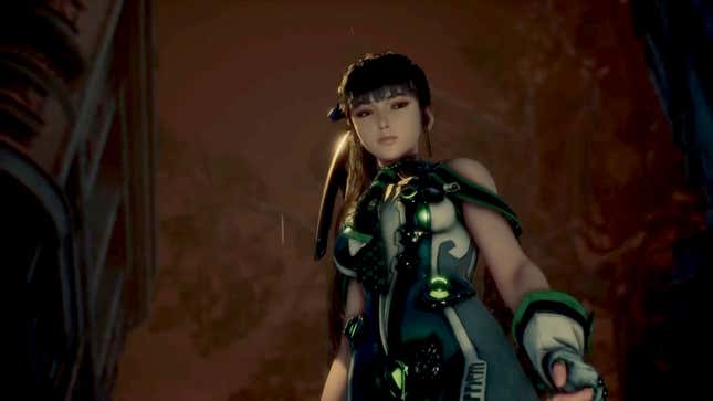 Stellar Blade protagonist Eve looks down at the camera against a dark red-colored sky.