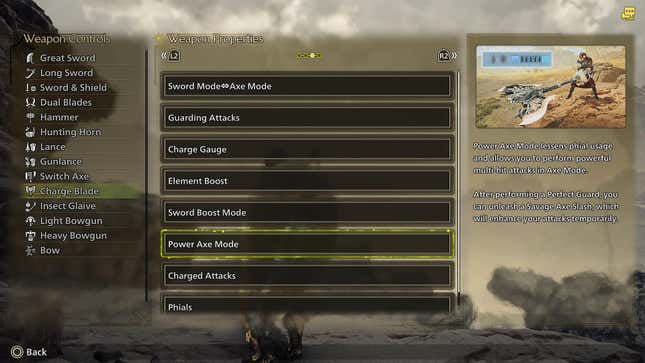 The Charge Blade Weapon properties menu, highlighting the Power Axe Mode entry.