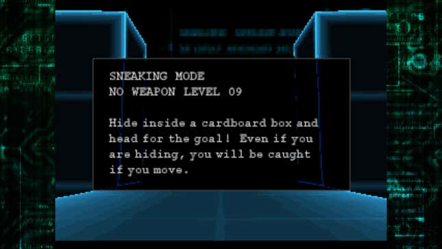 A screenshot from Metal Gear Solid VR Missions shows the description of a stealth mission that requires the player to hide in a cardboard box.