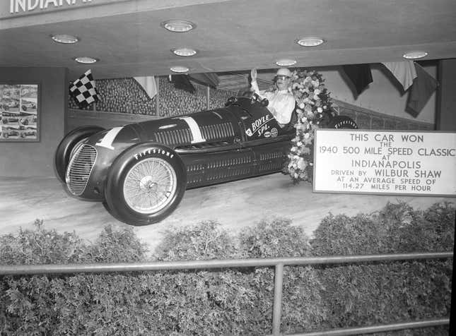 "This Car won the 1940 500 Mile speed classic at Indianapolis driven by Wilbur Shaw at an average speed of 114.27 miles per hour."