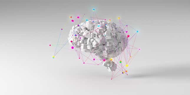 digital illustration of white geometric brain surrounded by colorful dots and lines to show connections