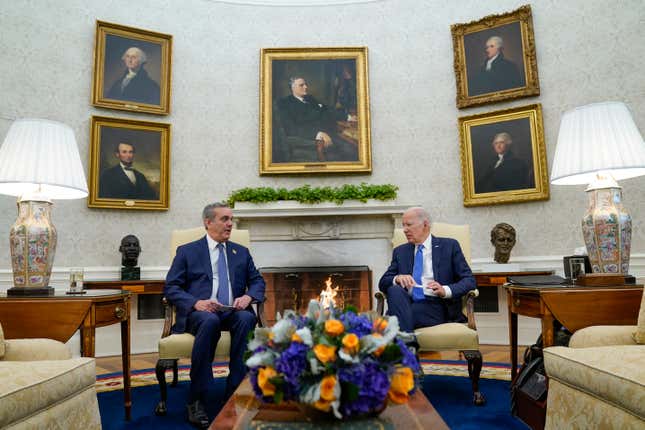 President Joe Biden meets with Dominican Republic&#39;s President Luis Abinader in the Oval Office of the White House, Thursday, Nov. 2, 2023, in Washington. (AP Photo/Evan Vucci)