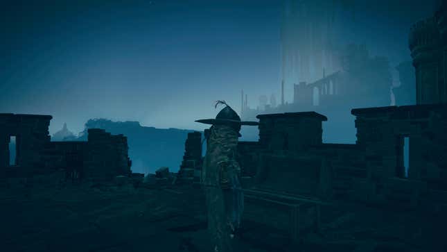 A remarkably gloomy shot of our hero stood on a castle roof.