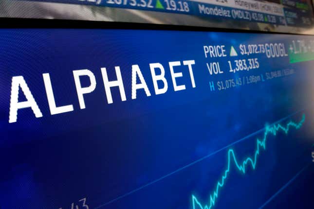 FILE - In this Feb. 14, 2018, file photo the logo for Alphabet appears on a screen at the Nasdaq MarketSite in New York. Alphabet reports earnings on Tuesday, Oct. 24, 2023. (AP Photo/Richard Drew, File)