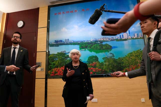 U.S. Treasury Secretary Janet Yellen, center, speaks to the journalists after meeting with Chinese Vice Premier He Lifeng, not shown, at the Guangdong Zhudao Guest House in southern China&#39;s Guangdong province, Saturday, April 6, 2024. (AP Photo/Andy Wong, Pool)