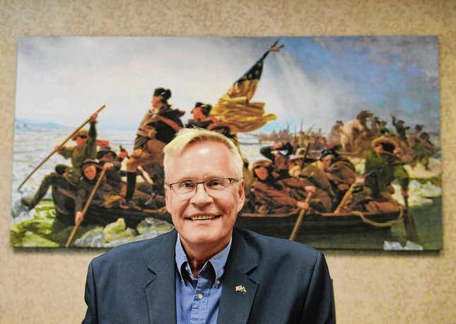 This Aug. 26, 2023 photo shows John Rust in his campaign headquarters in Seymour, Ind. An Indiana county judge ruled Thursday, Dec. 7, a contested state law that stipulates voting requirements for candidates&#39; party affiliation is unconstitutional, dealing a win to Rust, a U.S. Senate hopeful who is seeking to run as a Republican in the primary. (Erika Malone/The Tribune via AP)