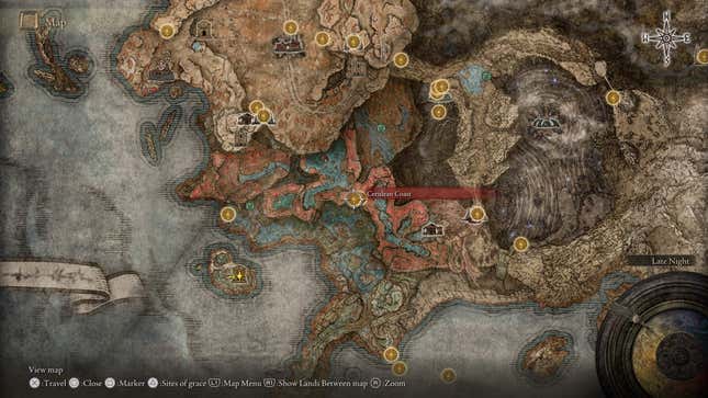 A screenshot of a map in Elden Ring shows a coastal location.