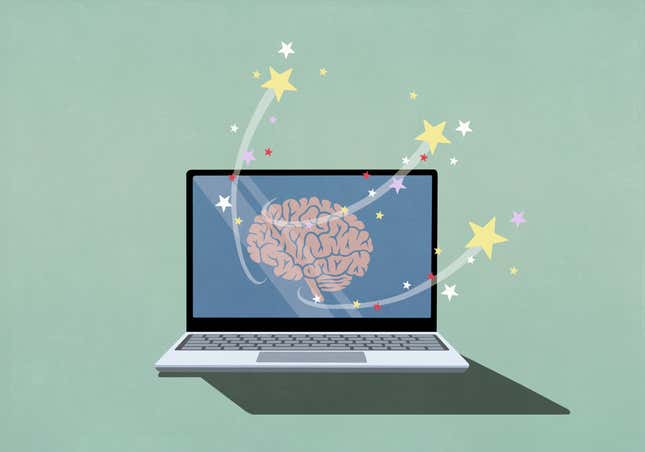 illustration of stars shooting out of a brain on a laptop screen against a mint green background