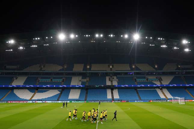 BSC Young Boys players attend a training session at the Etihad Stadium, Manchester, England, Monday Nov. 6, 2023, ahead of their Champions League match against Manchester City on Tuesday. (Martin Rickett/PA via AP)