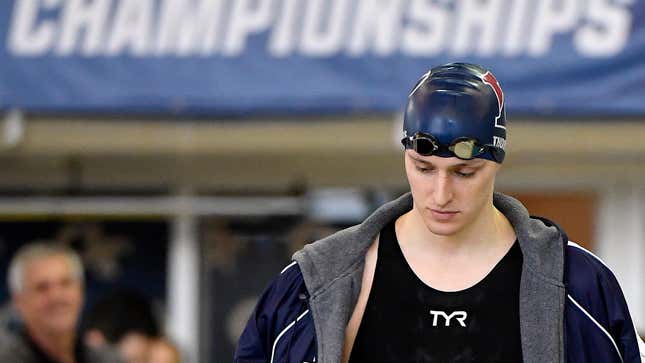 Lia Thomas walks behind the blocks for the Women’s 500-yard freestyle during the 2022 NCAA Division I Women’s Swimming & Diving Championship.
