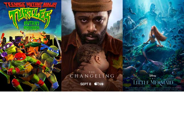 This combination of images shows promotional art for “Teenage Mutant Ninja Turtles: Mutant Mayhem,” left, the Apple TV+ series &quot;The Changeling,&quot; center, and &quot;The Little Mermaid.&quot; (Paramount/Apple TV+/Disney via AP)