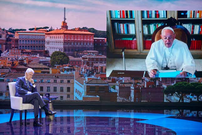 Pope Francis, seen on a screen, right, speaks with former President Bill Clinton, left, through video conference during the Clinton Global Initiative, Monday, Sept. 18, 2023 in New York. Pope Francis urged all people to do their part to address the world’s problems, especially climate change and the care of children, to open The Clinton Global Initiative Monday. CGI announced numerous new programs Monday that it hopes will gather new monetary commitments and engagement, including gender equality and continued support for the people of Ukraine. (AP Photo/Andres Kudacki)