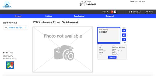 Image for article titled The 2022 Honda Civic Si Joins The Dealer Markup Circus