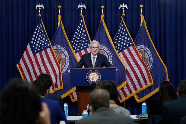 File - Federal Reserve Chair Jerome Powell speaks during a news conference at the Federal Reserve in Washington, Nov. 1, 2023 On Tuesday, the Federal Reserve releases minutes from its most recent meeting, when it kept its key short-term interest rate unchanged for a second straight time but left the door open to further rate hikes if inflation pressures should accelerate. (AP Photo/Susan Walsh, File)