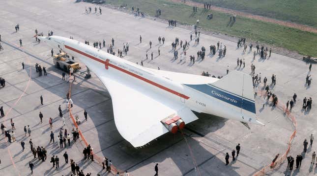 The second Anglo-French supersonic airliner, Concorde 002, at the British Aircraft Corporation's airfield at Filton, Bristol, where it was constructed.