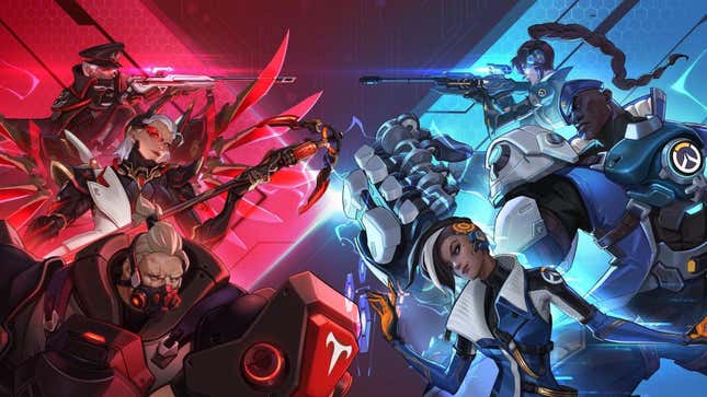 Key art of the Mirrorwatch event shows Ana, Mercy, Reinhardt, Widowmaker, Doomfist, and Sombra dressed as their opposing faction.