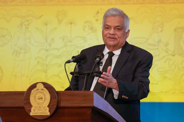 FILE- Sri Lankan President Ranil Wickremesinghe speaks during the 37th Session of the UN Food and Agriculture Organization (FAO) Regional Conference for Asia and the Pacific in Colombo, Sri Lanka, Feb. 20, 2024. Sri Lanka&#39;s president said Wednesday that he is seeking a loan repayment moratorium until 2028 as the debt-ridden county tries to emerge from bankruptcy. (AP Photo/Eranga Jayawardena, File)