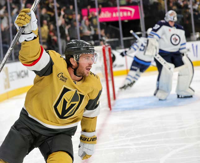 LAS VEGAS, NEVADA - NOVEMBER 02: Jonathan Marchessault #81 of the Vegas Golden Knights celebrates his second-period power-play goal against Connor Hellebuyck #37 of the Winnipeg Jets during their game at T-Mobile Arena on November 02, 2023 in Las Vegas, Nevada. (Photo by Ethan Miller/Getty Images)