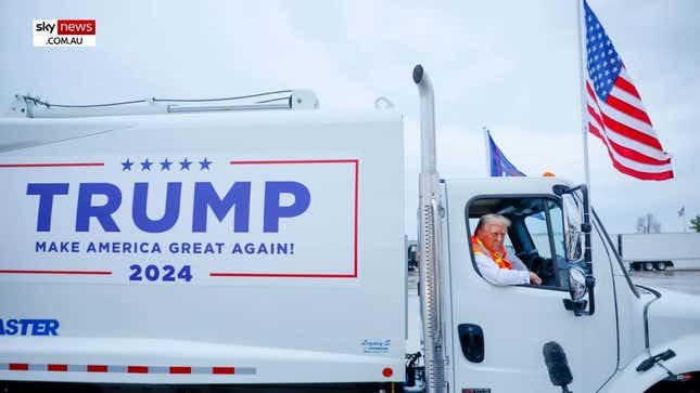 A screenshot of a news report showing Trump in a garbage truck. 