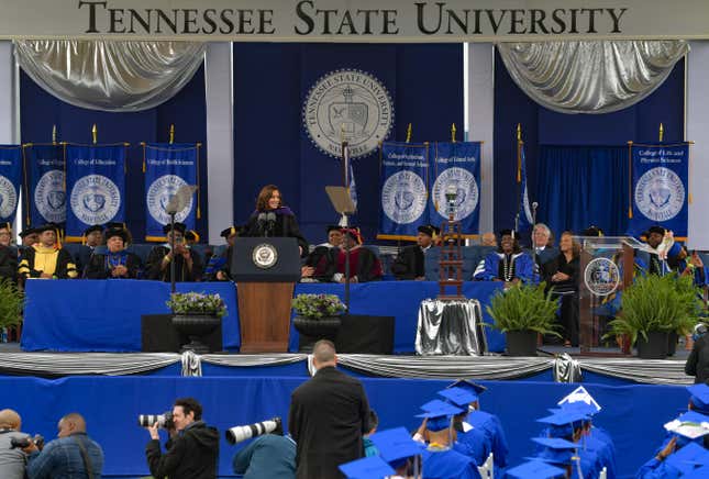 NASHVILLE, TENNESSEE - MAY 07: Vice President Kamala Harris delivers the Keynote Speech during Tennessee State University’s Commencement Ceremony at Hale Stadium on May 07, 2022 in Nashville, Tennessee.