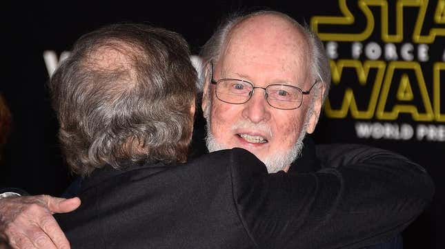 John Williams hugging Steven Spielberg.