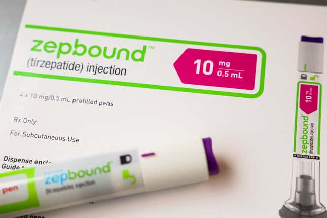 An injection pen of Zepbound, Eli Lilly’s weight loss drug