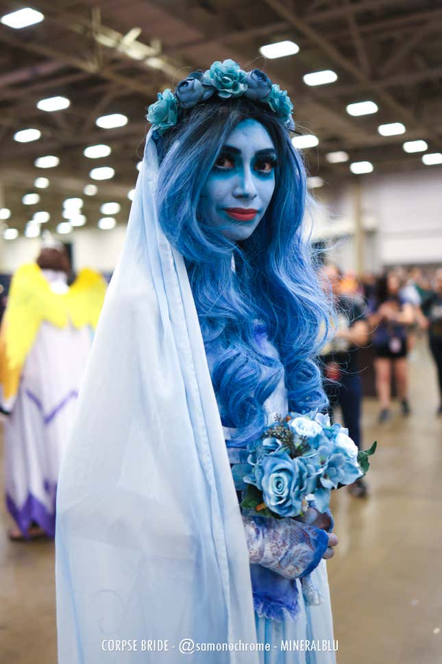 The Corpse Bride looks into the camera. 