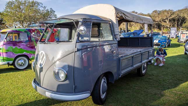 A photo of a grey VW Type 2 pickup truck. 