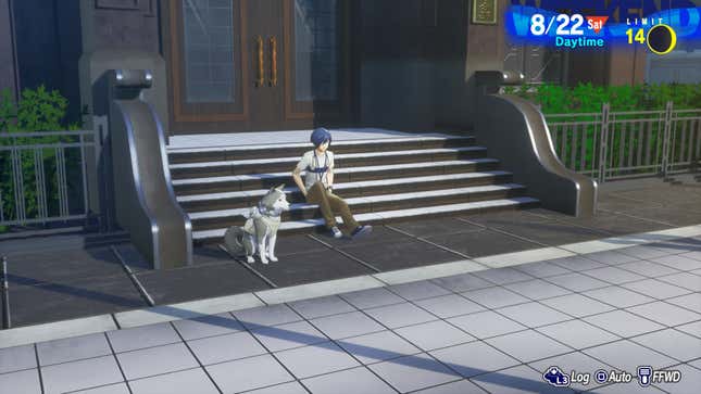 Makoto and Koromaru sit in front of the dorm.