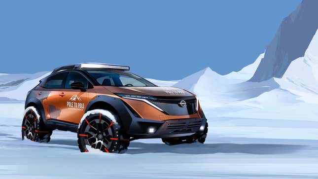 A render of a modified Nissan Ariya electric SUV in the snow. 