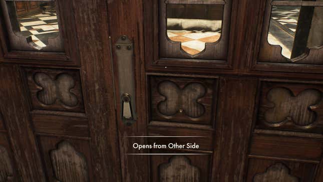 A locked door with the words "Opens from Other Side."